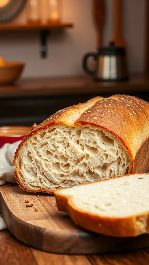 A rustic loaf of vintage bread sliced on a wooden board, with a soft interior and golden crust.